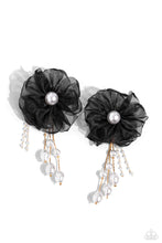 Load image into Gallery viewer, Folds of black netting gather around a glossy white pearl center, creating a spunky blossom. Cascading from the black netted petals, various white pearls in glossy, baroque, and dainty settings are infused along gold cobra chains for a refined finish. Earring attaches to a standard post fitting. Sold as one pair of post earrings.