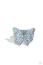 Load image into Gallery viewer, Ring: Featured atop airy silver bands, a silver butterfly encrusted with an explosion of blue iridescent rhinestones sparkles at the finger for an enchanting fashion. Features a stretchy band for a flexible fit. Earrings: Featuring a tilted motif, a silver butterfly encrusted with an explosion of blue iridescent rhinestones sparkles at the ear for an enchanting fashion. Earring attaches to a standard post fitting. Due to its prismatic palette, color may vary. Featured inside The Preview at Made for More!