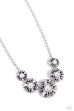 Load image into Gallery viewer, Sleek metal bars flare out from a mesmerizing pearl center, creating a blue and white stacked rhinestone-encrusted fringe of fanning frames. A trio of emerald-cut white gem bars are sprinkled across each dazzling display for a sassy finish. Features an adjustable clasp closure. Includes one pair of matching earrings.