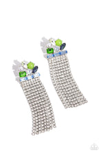 Load image into Gallery viewer, Featuring pronged silver fittings, a trio of blue emerald-cut gems lay across the ear in a horizontal manner. Various green, white, and blue gems and a milky green bead and white pearl haphazardly cluster up the ear from the horizontal layer for additional eye-catching detail. Strands of white rhinestones in sleek silver square fittings cascade from the emerald-cut layer, creating freefalling glitzy movement. Earring attaches to a standard post fitting. Sold as one pair of post earrings.