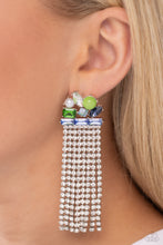 Load image into Gallery viewer, Featuring pronged silver fittings, a trio of blue emerald-cut gems lay across the ear in a horizontal manner. Various green, white, and blue gems and a milky green bead and white pearl haphazardly cluster up the ear from the horizontal layer for additional eye-catching detail. Strands of white rhinestones in sleek silver square fittings cascade from the emerald-cut layer, creating freefalling glitzy movement. Earring attaches to a standard post fitting. Sold as one pair of post earrings.