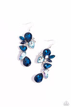 Load image into Gallery viewer, Featuring various shades of blue, a glittery collection of oversized teardrop, round, and marquise-cut gems cluster and curve in place along the ear, creating a glamorous lure. Dainty white rhinestones sporadically dot across the canvas, further drawing the eye to the faceted oversized detail. Earring attaches to a standard hanging fishhook fitting. Due to its prismatic palette, color may vary. Sold as one pair of earrings.