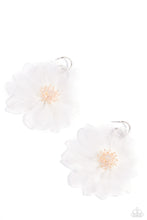 Load image into Gallery viewer, A duo of asymmetrical silver hoops link as they tumble from the ear, coalescing into an abstract lure. Attached to the bottom of the elongated display, oversized white chiffon petals bloom around opalescent-tinted beads, creating a fantastical floral frenzy. Earring attaches to a standard post fitting. Hoop measures approximately 1" in diameter. Due to its prismatic palette, color may vary. Sold as one pair of hoop earrings.