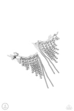 Load image into Gallery viewer, A tapered fringe of dainty silver popcorn chains and glittery strands of white rhinestones in square fittings cascades from the edge of a white emerald-cut, gem-encrusted curved frame, creating an edgy centerpiece. Earring attaches to a standard post earring. Features a clip-on fitting at the top for a secure fit. Sold as one pair of ear crawlers.
