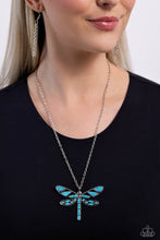 Load image into Gallery viewer, Featuring a classic silver chain, various cuts of turquoise stone are passed into an oversized, airy silver dragonfly pendant for a rustically earthy centerpiece. Features an adjustable clasp closure. As the stone elements in this piece are natural, some color variation is normal. Sold as one individual necklace. Includes one pair of matching earrings.