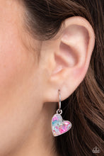 Load image into Gallery viewer, A small, skinny, silver hoop curves around the ear in a timeless fashion with a silver ball affixed to the end of the hoop, reminiscent of a barbell fitting. A silver heart frame, encased with haphazardly patterned pink and turquoise flecks of shell, collides into a kaleidoscope of color for a colorful, shimmery statement. Earring attaches to a standard post fitting. Hoop measures approximately 1/2" in diameter. Sold as one pair of hoop earrings.