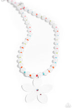 Load image into Gallery viewer, Infused along an invisible string around the neckline, a collection of milky white beads alternates with coral, orange, tiffany, and Kohlrabi seed beads. Featuring an iridescent rhinestone center and a pink rhinestone accent, a white acrylic flower dangles from the center of the display for a nostalgic finish. Features an adjustable clasp closure. Due to its prismatic palette, color may vary. Sold as one individual necklace. Includes one pair of matching earrings.