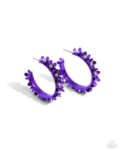 Load image into Gallery viewer, Dipped in a purple hue, a hollowed-out hoop curls around the ear. Featuring silver beaded centers, metallic purple flowers bloom along the curl of the hollow of the hoop for a fashionable display. Earring attaches to a standard post fitting. Hoop measures approximately 1 1/4" in diameter. Sold as one pair of hoop earrings.