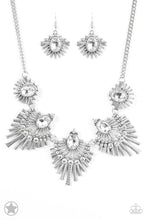 Load image into Gallery viewer, Textured metal bars flare out from a mesmerizing gem, creating a fringe of fanning frames. Sprinkled with matching white rhinestones, the dazzling display falls just below the collar for a sassy Blockbuster finish. Features an adjustable clasp closure. Sold as one individual necklace. Includes one pair of matching earrings.