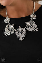 Load image into Gallery viewer, Textured metal bars flare out from a mesmerizing gem, creating a fringe of fanning frames. Sprinkled with matching white rhinestones, the dazzling display falls just below the collar for a sassy Blockbuster finish. Features an adjustable clasp closure. Sold as one individual necklace. Includes one pair of matching earrings.