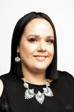 Load image into Gallery viewer, Textured metal bars flare out from a mesmerizing gem, creating a fringe of fanning frames. Sprinkled with matching white rhinestones, the dazzling display falls just below the collar for a sassy Blockbuster finish. Features an adjustable clasp closure. Sold as one individual necklace. Includes one pair of matching earrings.