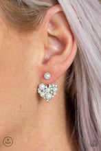 Load image into Gallery viewer, A solitaire white pearl attaches to a double-sided post, designed to fasten behind the ear. Radiating with dainty white rhinestones and matching pearls, the heart-shaped double sided-post peeks out beneath the ear for a refined look. Earring attaches to a standard post fitting. Sold as one pair of double-sided post earrings.