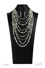 Load image into Gallery viewer, An elegant collection of timeless white pearls, shiny sections of silver chain, and bedazzling white rhinestone encrusted silver beads effortlessly cascade down the chest. The vintage inspired layers drape into breathtaking rows of radiance, resulting in an irresistible collision of romance. Features an adjustable clasp closure.