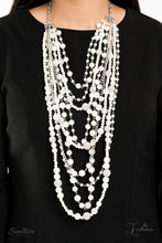 Load image into Gallery viewer, An elegant collection of timeless white pearls, shiny sections of silver chain, and bedazzling white rhinestone encrusted silver beads effortlessly cascade down the chest. The vintage inspired layers drape into breathtaking rows of radiance, resulting in an irresistible collision of romance. Features an adjustable clasp closure.