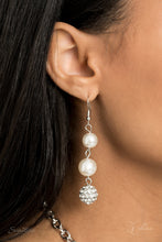 Load image into Gallery viewer, Pearls, bedazzling white rhinestone encrusted silver beads, hanging from a silver fish hook earring.