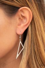 Load image into Gallery viewer, Silver triangle hanging from a silver fish hook earring.
