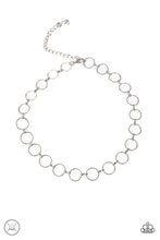 Load image into Gallery viewer, Dainty silver rings link around the neck for an edgy look. Features an adjustable clasp closure.  Sold as one individual choker necklace. Includes one pair of matching earrings.
