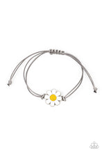 Load image into Gallery viewer, Held together and centered within soft gray cording, a single daisy charm rests. Featuring a silver smiley face in its yellow center, this single flower provides a fashionably, minimalistic statement around the wrist. Features an adjustable sliding knot closure.  Sold as one individual bracelet.
