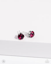 Load image into Gallery viewer, A sparkling fuchsia rhinestone is nestled inside a classic silver frame for a timeless look. Earring attaches to a standard post fitting.  Sold as one pair of post earrings.
