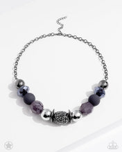 Load image into Gallery viewer, Sophisticated beads in shades of gunmetal and black with reflective faceted edges and varying glazed finishes are offset by two shiny silver beads. An oblong bead studded with gunmetal rhinestones adds a dramatic accent. Features an adjustable clasp closure.  Sold as one individual necklace. Includes one pair of matching earrings.
