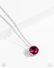 Load image into Gallery viewer, A single fuchsia rhinestone sparkles brilliantly at the bottom of a dainty silver chain, creating a stunning solitaire design. Features an adjustable clasp closure.  Sold as one individual necklace. Includes one pair of matching earrings.
