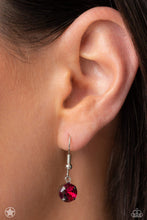 Load image into Gallery viewer, A single fuchsia rhinestone sparkles brilliantly at the bottom of a silver fish hook earring.

