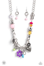 Load image into Gallery viewer, White cording is braided through a chunky silver chain. A unique variety of colorful charms decorate the piece including a delicate flower and a heart inscribed with the phrase &quot;With All My Heart&quot; on one side and a short bible verse on the other that reads, &quot;Love the Lord thy God with all your heart. Luke 10:27.&quot; Features an adjustable clasp closure.  Sold as one individual necklace. Includes one pair of matching earrings.
