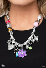 Load image into Gallery viewer, White cording is braided through a chunky silver chain. A unique variety of colorful charms decorate the piece including a delicate flower and a heart inscribed with the phrase &quot;With All My Heart&quot; on one side and a short bible verse on the other that reads, &quot;Love the Lord thy God with all your heart. Luke 10:27.&quot; Features an adjustable clasp closure.  Sold as one individual necklace. Includes one pair of matching earrings.
