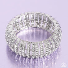 Load image into Gallery viewer, Featuring glistening white gems, trios of curved silver bars join high-sheen curved silver bars for a radiant, light-catching display around the wrist on elastic stretchy bands. Sold as one individual bracelet.
