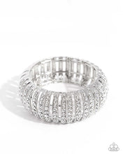 Load image into Gallery viewer, Featuring glistening white gems, trios of curved silver bars join high-sheen curved silver bars for a radiant, light-catching display around the wrist on elastic stretchy bands. Sold as one individual bracelet.
