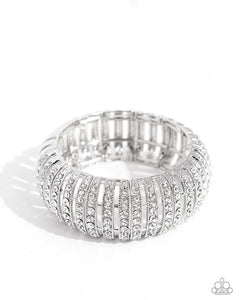 Featuring glistening white gems, trios of curved silver bars join high-sheen curved silver bars for a radiant, light-catching display around the wrist on elastic stretchy bands. Sold as one individual bracelet.