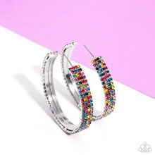 Load image into Gallery viewer, Set in silver square fittings, row after row of multicolored rhinestones are embellished around a silver hoop for a dazzling design. Earring attaches to a standard post fitting. Hoop measures approximately 2&quot; in diameter. Sold as one pair of hoop earrings.
