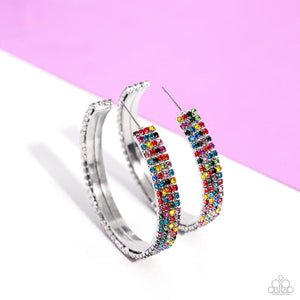 Set in silver square fittings, row after row of multicolored rhinestones are embellished around a silver hoop for a dazzling design. Earring attaches to a standard post fitting. Hoop measures approximately 2" in diameter. Sold as one pair of hoop earrings.