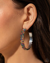 Load image into Gallery viewer, Set in silver square fittings, row after row of multicolored rhinestones are embellished around a silver hoop for a dazzling design. Earring attaches to a standard post fitting. Hoop measures approximately 2&quot; in diameter. Sold as one pair of hoop earrings.
