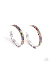 Load image into Gallery viewer, Set in silver square fittings, row after row of multicolored rhinestones are embellished around a silver hoop for a dazzling design. Earring attaches to a standard post fitting. Hoop measures approximately 2&quot; in diameter. Sold as one pair of hoop earrings.

