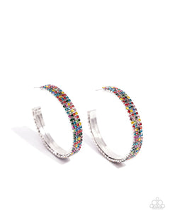 Set in silver square fittings, row after row of multicolored rhinestones are embellished around a silver hoop for a dazzling design. Earring attaches to a standard post fitting. Hoop measures approximately 2" in diameter. Sold as one pair of hoop earrings.