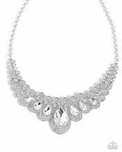 Load image into Gallery viewer, Pressed in thin, curly silver infinity-like frames, solitaire white rhinestones gradually elongate into faceted shimmery teardrop gems. A collection of dainty, airy white rhinestones dusts the caps of each teardrop frame for additional glitz and glamor. Features an adjustable clasp closure. Sold as one individual necklace. Includes one pair of matching earrings.
