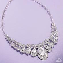 Load image into Gallery viewer, Pressed in thin, curly silver infinity-like frames, solitaire white rhinestones gradually elongate into faceted shimmery teardrop gems. A collection of dainty, airy white rhinestones dusts the caps of each teardrop frame for additional glitz and glamor. Features an adjustable clasp closure. Sold as one individual necklace. Includes one pair of matching earrings.
