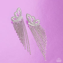Load image into Gallery viewer, Glassy white rhinestones, dainty white pearls, and white emerald-cut gems are encrusted along the front of an airy silver butterfly frame, creating a whimsical centerpiece. Staggered rows of white rhinestones pressed in delicate silver square fittings cascade from the sparkly centerpiece, seemingly lifting the butterfly off to its glitzy flight. Earring attaches to a standard post fitting. Sold as one pair of post earrings.
