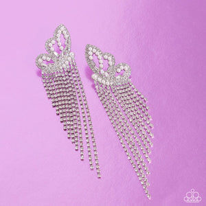 Glassy white rhinestones, dainty white pearls, and white emerald-cut gems are encrusted along the front of an airy silver butterfly frame, creating a whimsical centerpiece. Staggered rows of white rhinestones pressed in delicate silver square fittings cascade from the sparkly centerpiece, seemingly lifting the butterfly off to its glitzy flight. Earring attaches to a standard post fitting. Sold as one pair of post earrings.