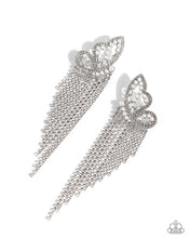 Load image into Gallery viewer, Glassy white rhinestones, dainty white pearls, and white emerald-cut gems are encrusted along the front of an airy silver butterfly frame, creating a whimsical centerpiece. Staggered rows of white rhinestones pressed in delicate silver square fittings cascade from the sparkly centerpiece, seemingly lifting the butterfly off to its glitzy flight. Earring attaches to a standard post fitting. Sold as one pair of post earrings.

