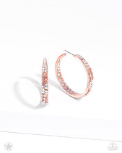 Load image into Gallery viewer, The front facing surface of a chunky shiny copper hoop is dipped in brilliantly sparkling iridescent, peach, and white rhinestones while light-catching texture wraps around the back. The interior of the hoop features the opposite pattern, creating the illusion of a full hoop of blinding rhinestones. Earring attaches to a standard post fitting. Hoop measures 1 3/4&quot; in diameter. Due to its prismatic palette, color may vary.  Sold as one pair of hoop earrings.
