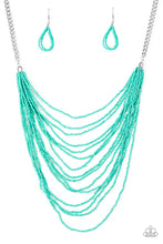 Load image into Gallery viewer, Row after row of refreshing turquoise seed beads cascade down the chest, creating summery layers. Features an adjustable clasp closure.   Sold as one individual necklace. Includes one pair of matching earrings.
