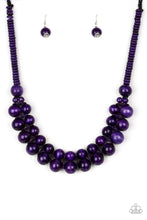 Load image into Gallery viewer, Brushed in a distressed finish, vivacious purple wooden beads and discs join below the collar for a summery look. Features a button loop closure.  Sold as one individual necklace. Includes one pair of matching earrings.
