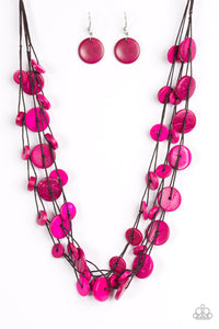 Tinted in a vivacious pink finish, distressed wooden discs trickle along strands of knotted brown cording, creating colorful layers below the collar for a seasonal vibe. Features a button-loop closure. Sold as one individual necklace. Includes one pair of matching earrings.