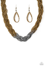 Load image into Gallery viewer, Strands of brass seed beads create an indigenous braid below the collar. The brass seed beads gradually morph into metallic silver beads at the center for a chic contrasting look. Features an adjustable clasp closure.  Sold as one individual necklace. Includes one pair of matching earrings.
