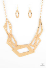 Load image into Gallery viewer, Attached to an edgy gold chain, hammered gold plates featuring asymmetrical shapes abstractly link below the collar for a knockout look. Features an adjustable clasp closure.  Sold as one individual necklace. Includes one pair of matching earrings.
