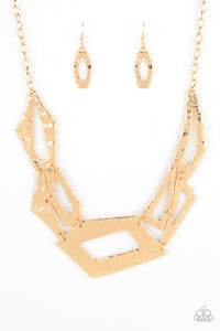 Attached to an edgy gold chain, hammered gold plates featuring asymmetrical shapes abstractly link below the collar for a knockout look. Features an adjustable clasp closure.  Sold as one individual necklace. Includes one pair of matching earrings.