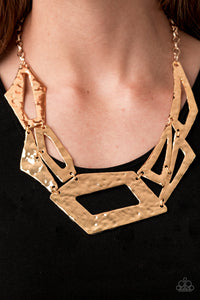 Attached to an edgy gold chain, hammered gold plates featuring asymmetrical shapes abstractly link below the collar for a knockout look. Features an adjustable clasp closure.  Sold as one individual necklace. Includes one pair of matching earrings.