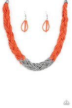 Load image into Gallery viewer, Strands of orange seed beads create an indigenous braid below the collar. The orange seed beads gradually morph into metallic silver beads at the center for a chic contrasting look. Features an adjustable clasp closure. Sold as one individual necklace. Includes one pair of matching earrings.
